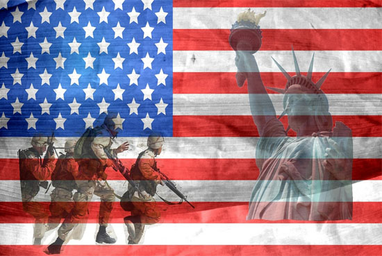 Picture of a US Flag with the Statue of Liberty & servicemen superimposed