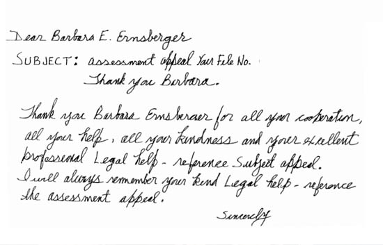 Written Testimonial Letter Sent to Barbara Ernsberger